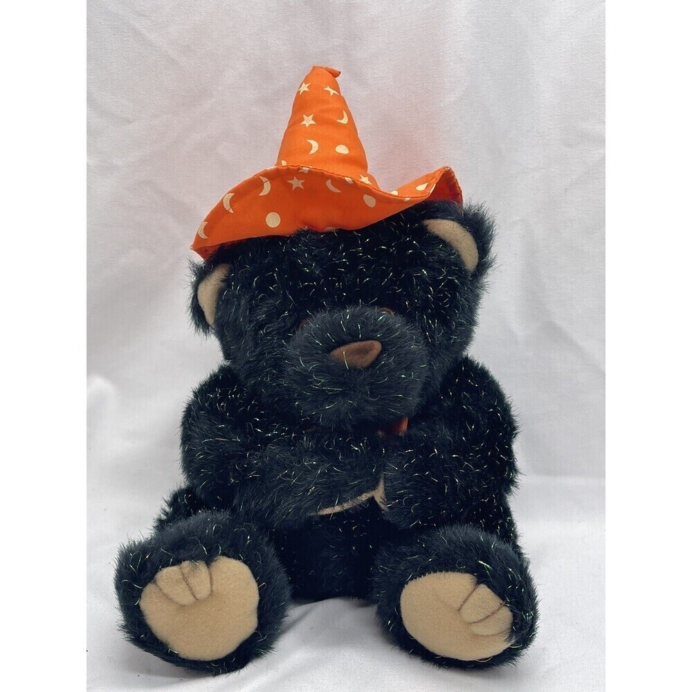 American Greetings Soft Touch Halloween BLACK BEAR Plush Orange Witch Hat